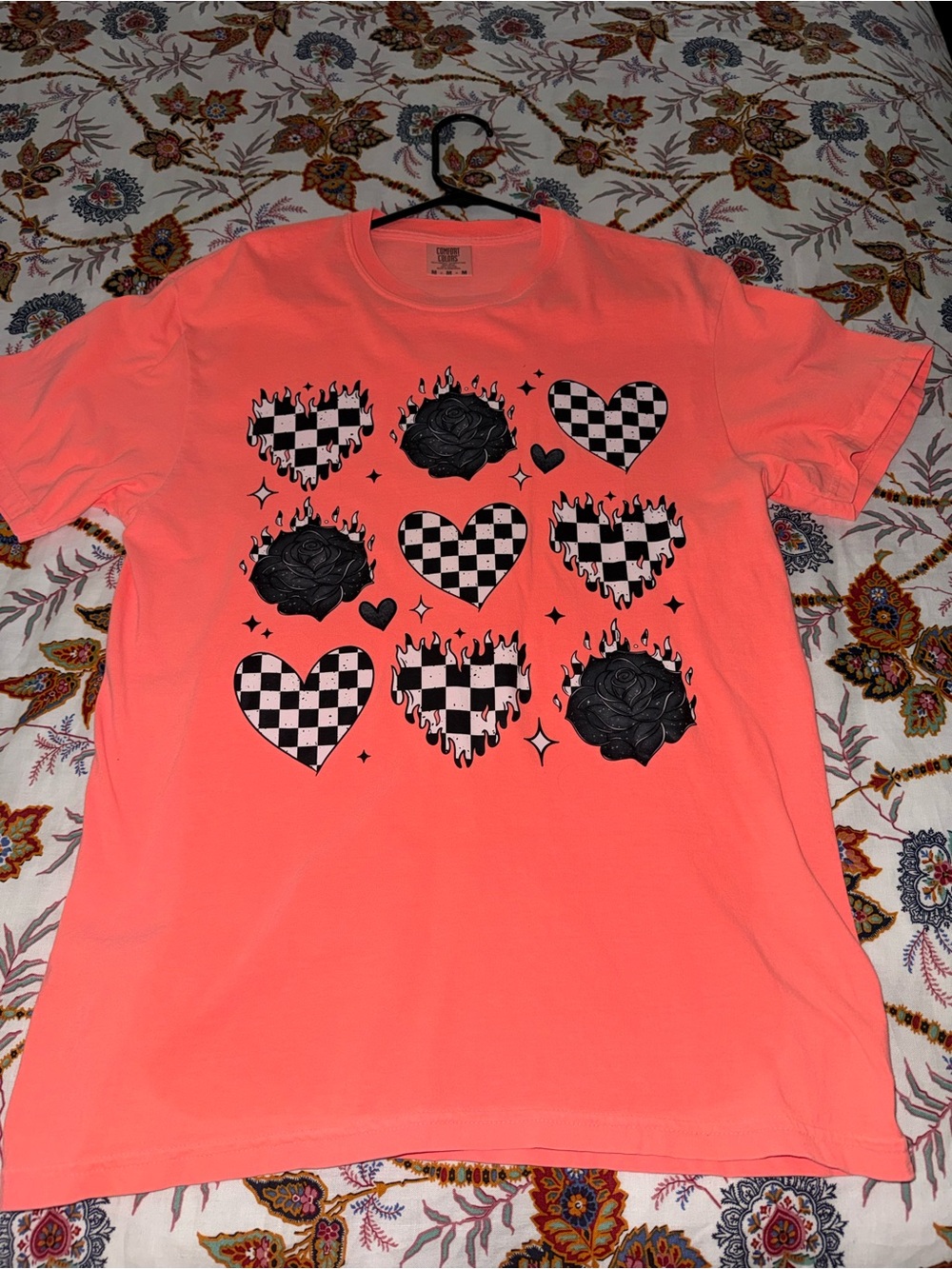 Comfort Colors Neon Coral Short Sleeve Tee with Black Graphic Hearts